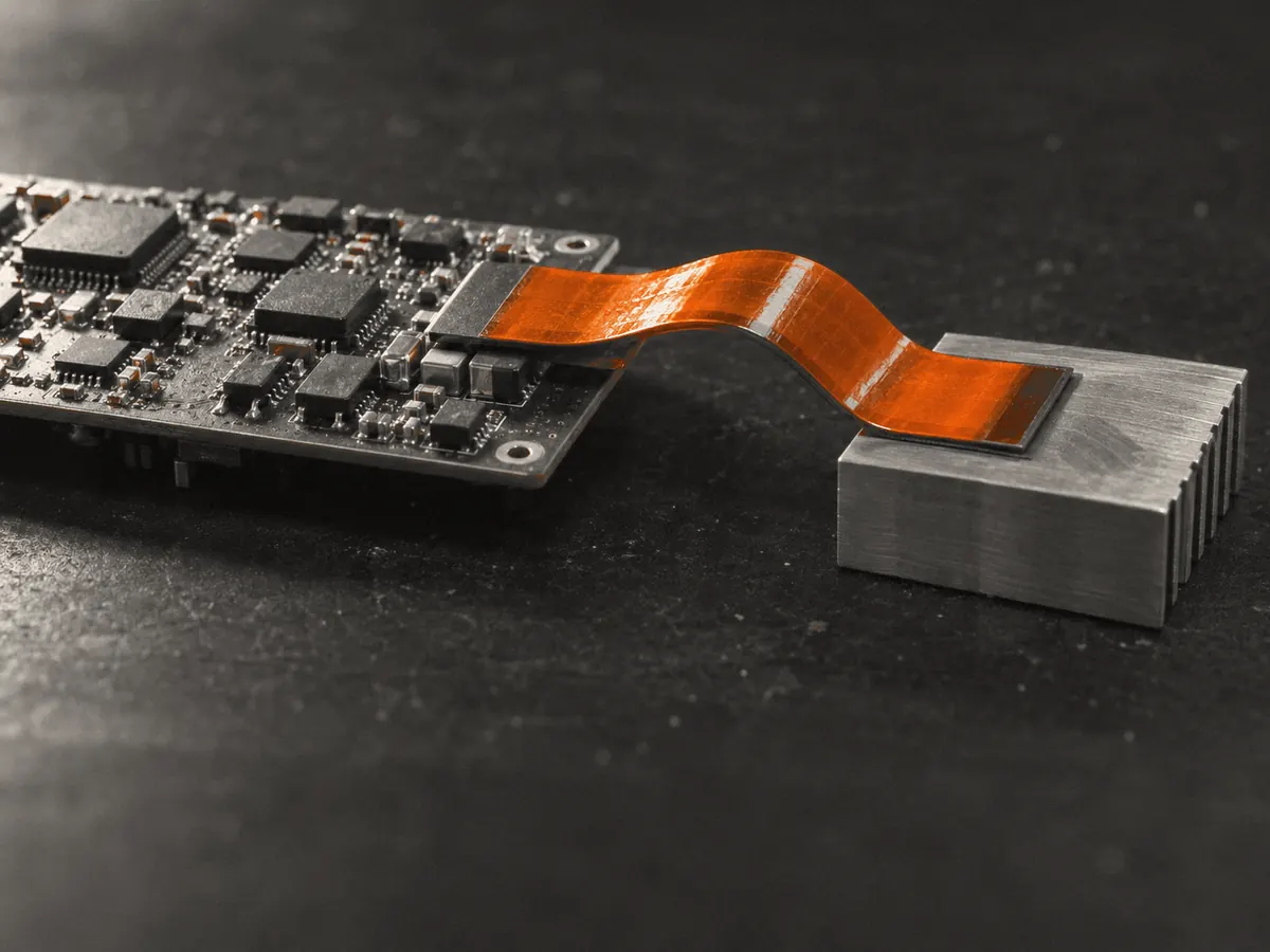 Generated illustration: an orange thin-film heat spreader laid across a packed circuit board onto an aluminum heat sink.